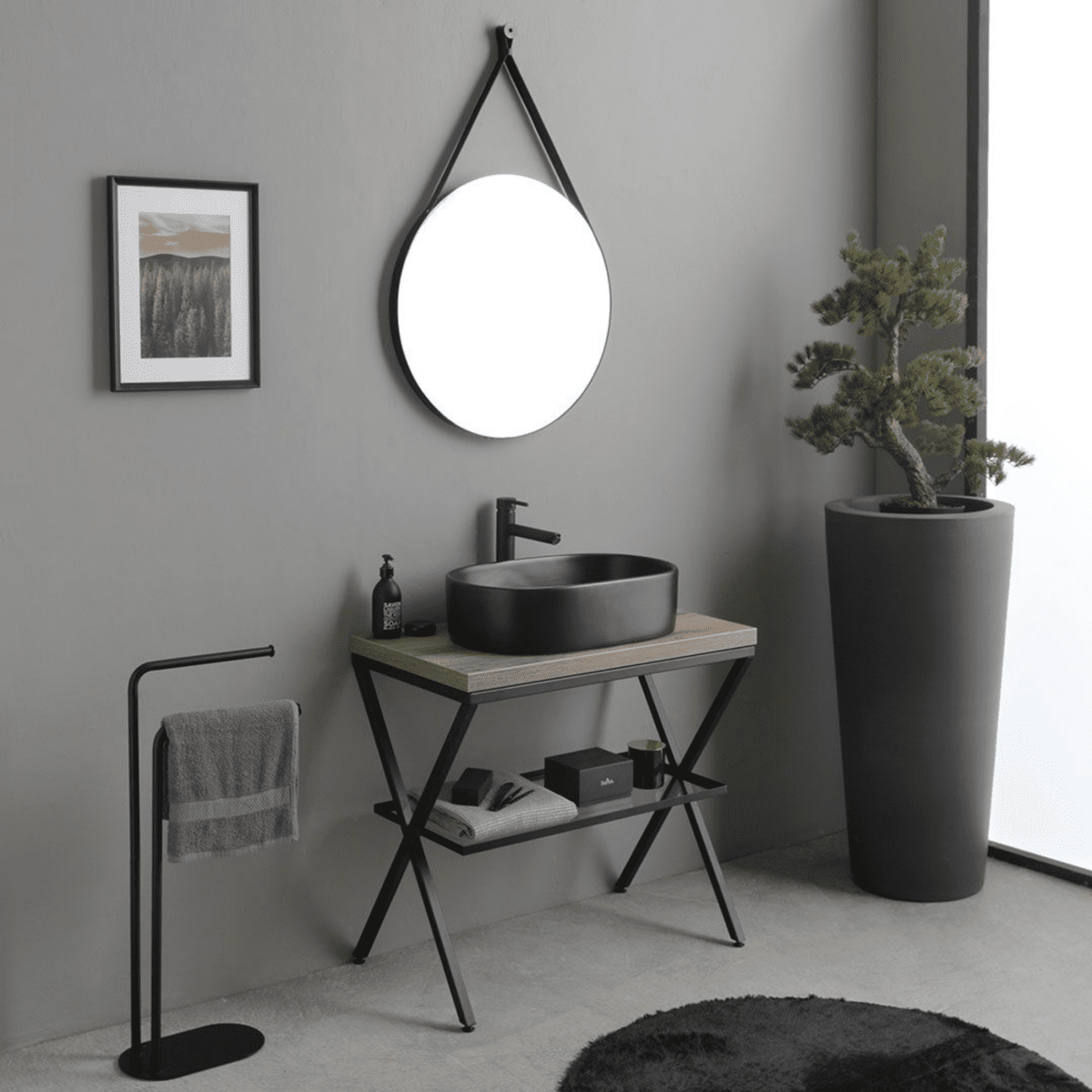 Mobile bagno a terra rovere fossile "Victoria" con lavabo in ceramica nero opaco ovale e specchio rotondo 80 cm - MondoViro