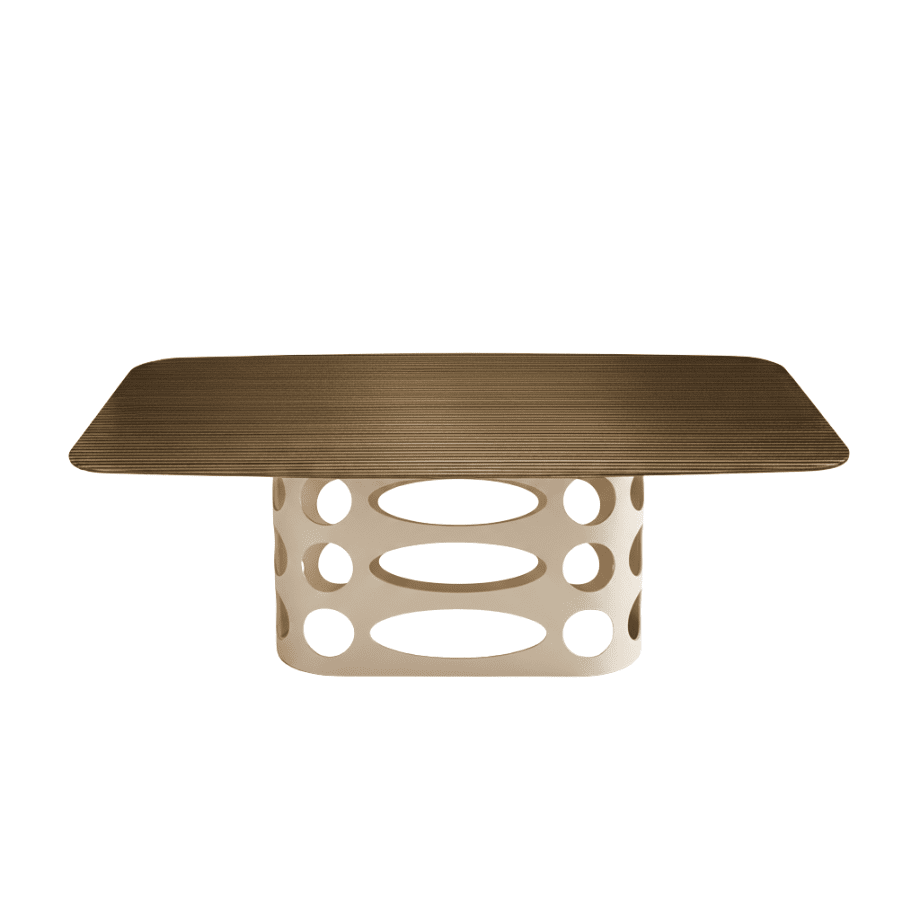 Tavolo fisso da pranzo "Master" con piano in vetro rigato retroargentato e base in metallo con trafori cm 210x110 75h - MondoViro