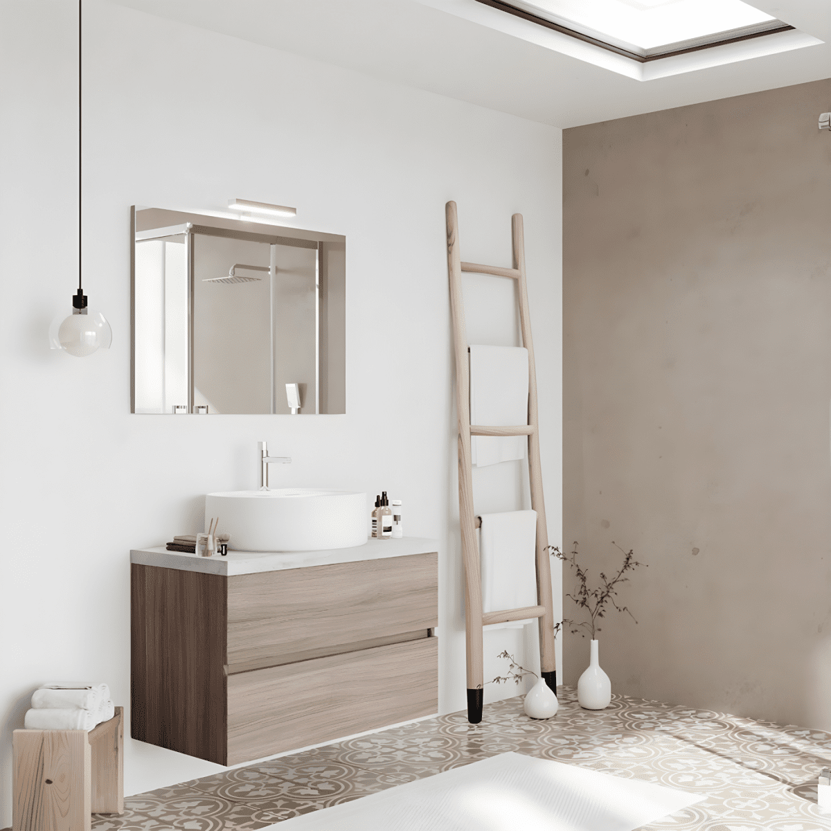 Mobile da bagno sospeso "Tara3" con lavabo da appoggio ovale , top e specchio LED - MondoViro