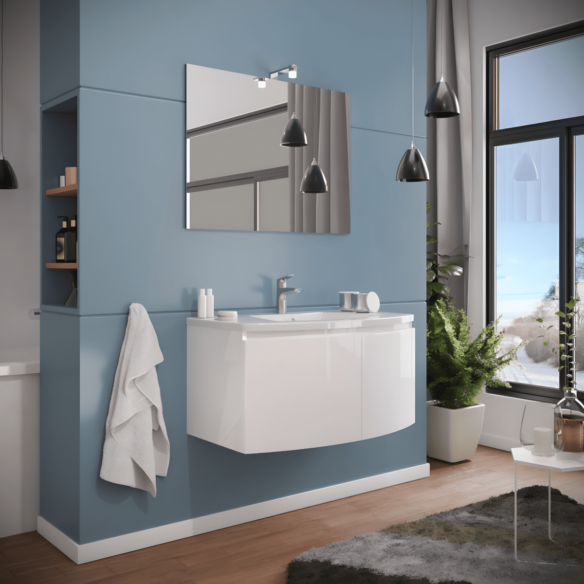 Mobile sospeso da bagno "Ettore" a 2 ante con specchio LED e lavabo in ceramica cm 80x49 42h - MondoViro