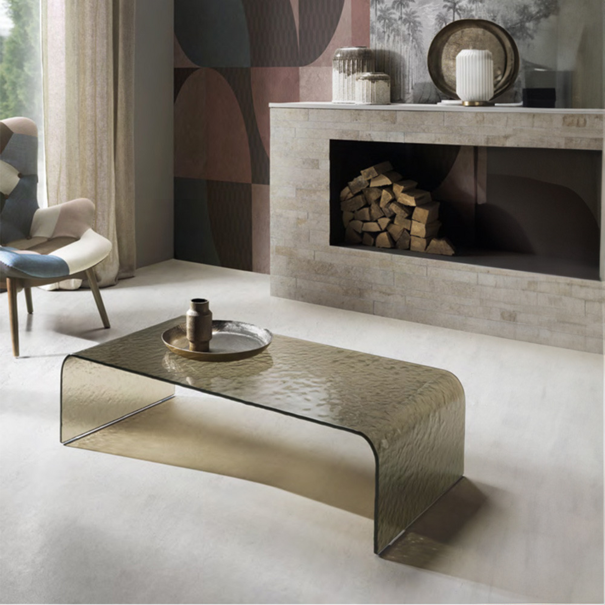 Tavolino rettangolare "Marlo" moderno in vetro martellato cm 110x55 30h