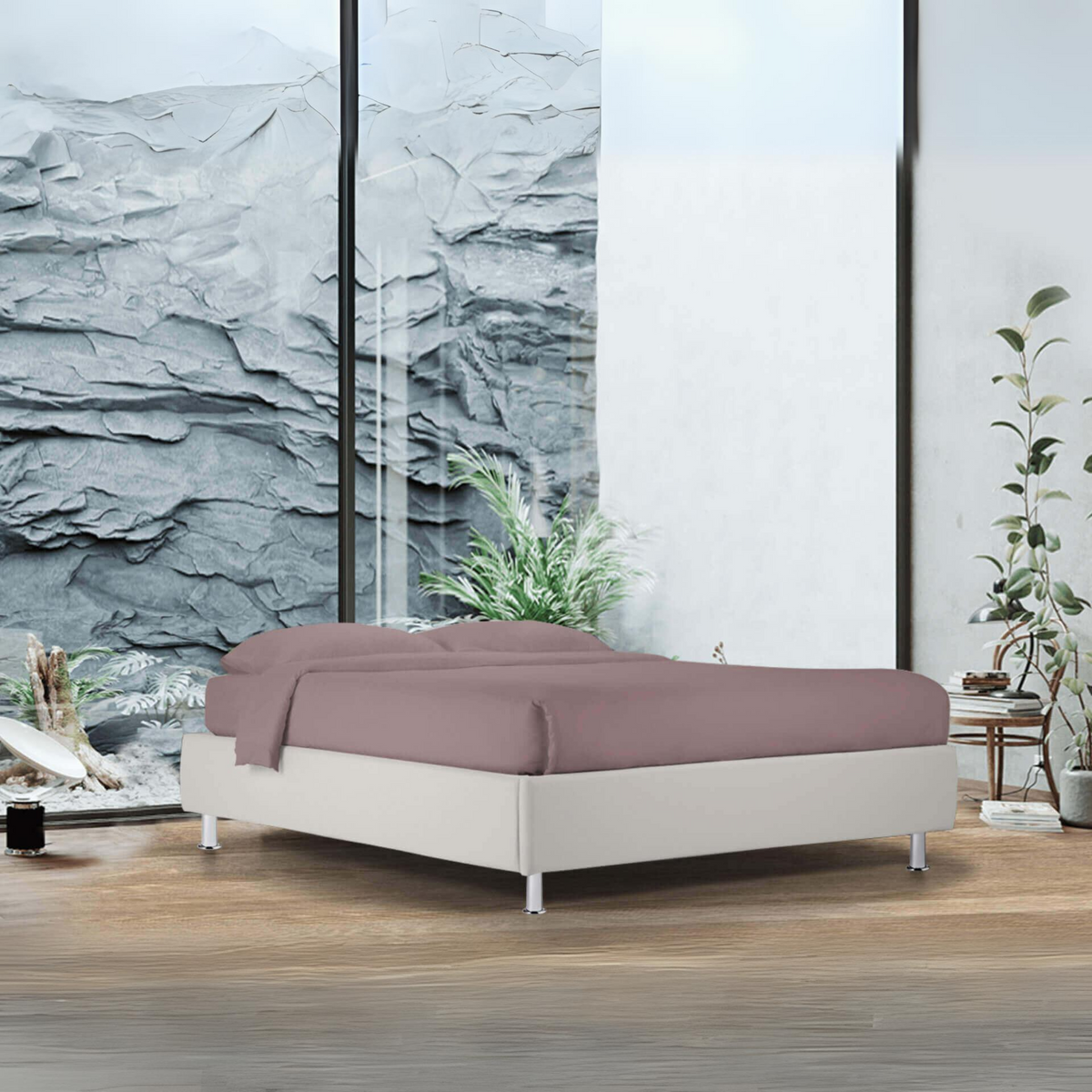 Letto contenitore con rete spazioso "Lugano" senza testata in pelle vegan con piedino conico