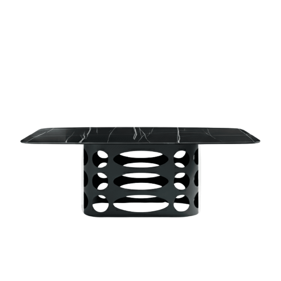 Tavolo fisso da pranzo "Core" con piano in ceramica effetto marmo lucido e base con trafori in metallo verniciato cm 210x110 75h - MondoViro