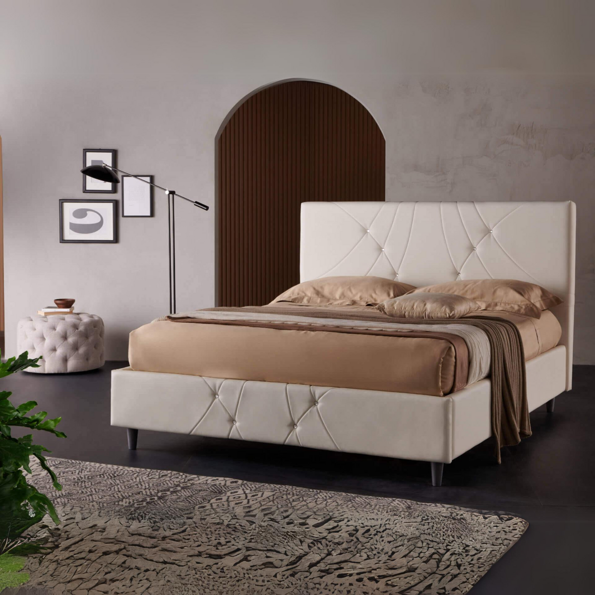 Letto matrimoniale contenitore "Napoli" pelle vegan panna