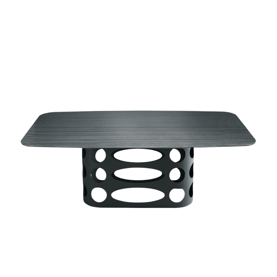 Tavolo fisso da pranzo "Master" con piano in vetro rigato retroargentato e base in metallo con trafori cm 210x110 75h - MondoViro