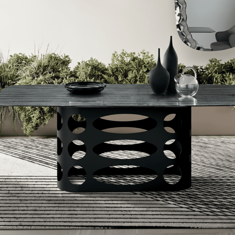 Tavolo fisso da pranzo "Master" con piano in vetro rigato retroargentato e base in metallo con trafori cm 210x110 75h - MondoViro