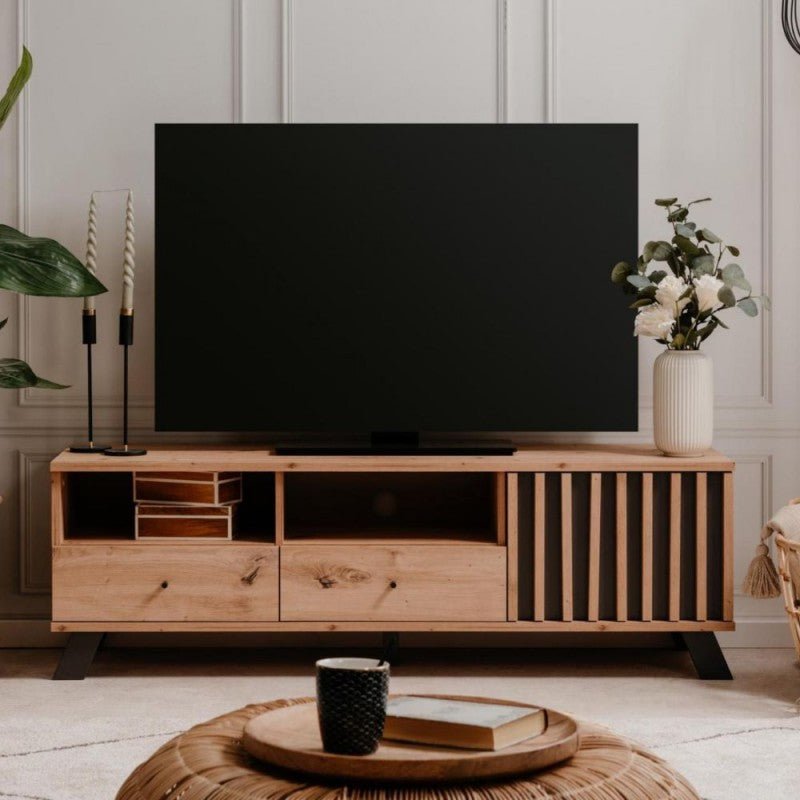 Mobile porta TV "Medan3" moderno 2 cassetti 1 anta rovere cm 138x40 44h - MondoViro