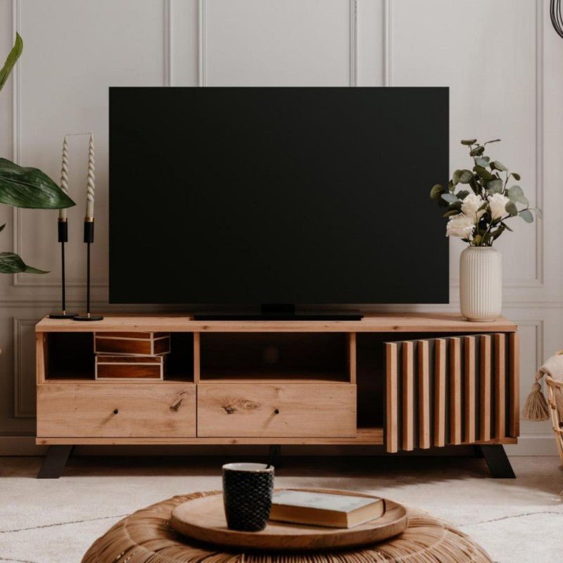 Mobile porta TV "Medan3" moderno 2 cassetti 1 anta rovere cm 138x40 44h - MondoViro