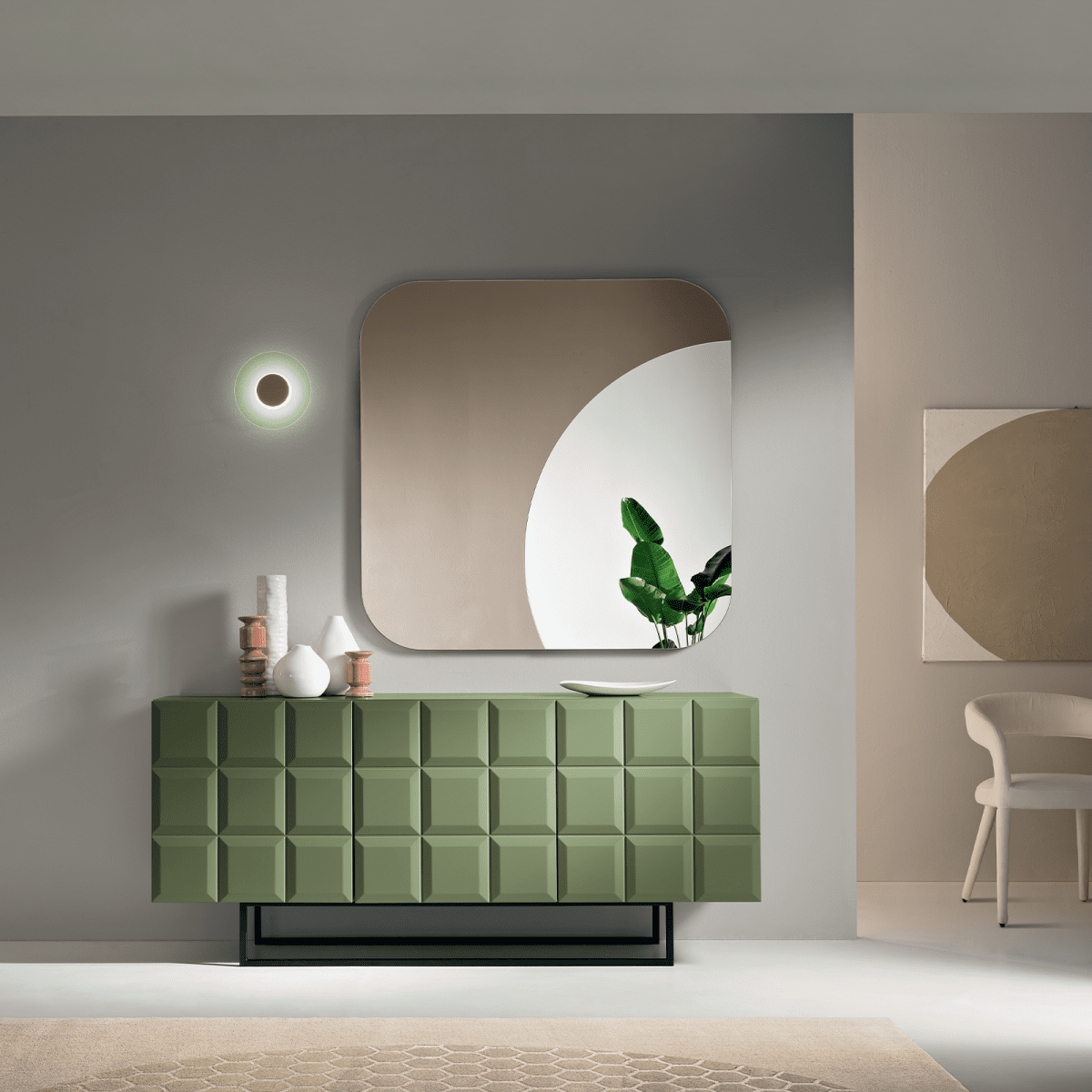 Madia verde "Mirò" con ante in MDF laccato e scocca in nobilitato e base in metallo verniciato nero - MondoViro